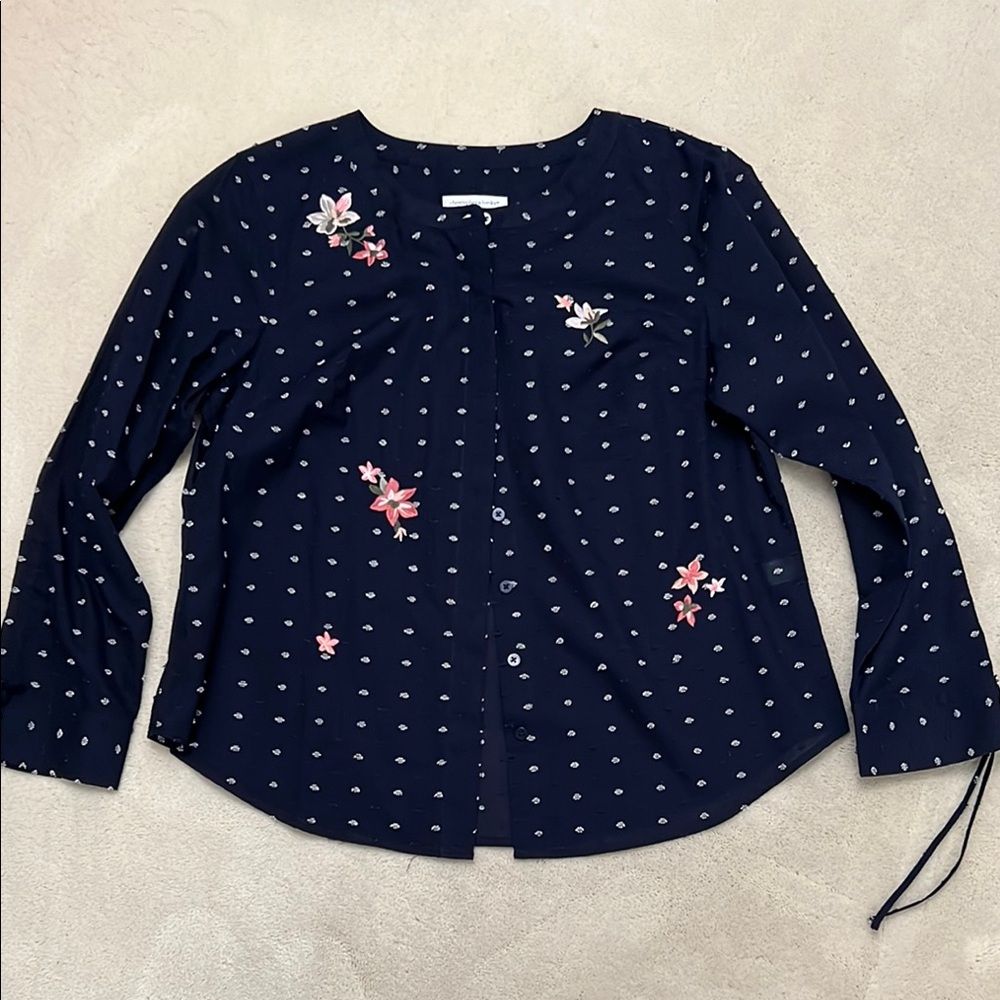 Floral Embroidered Navy Blouse
